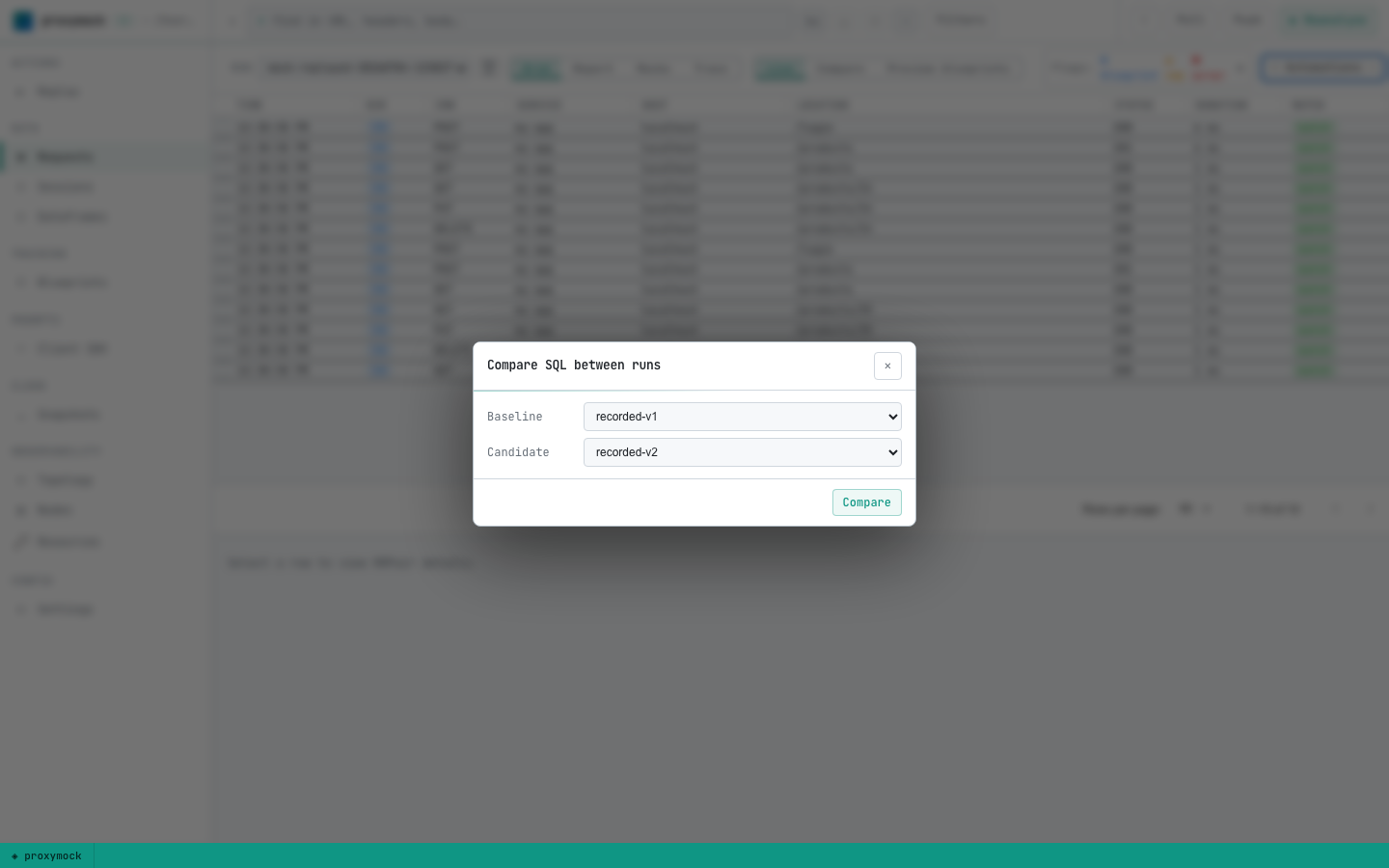 The Compare SQL between runs picker with Baseline set to recorded-v1 and Candidate set to recorded-v2