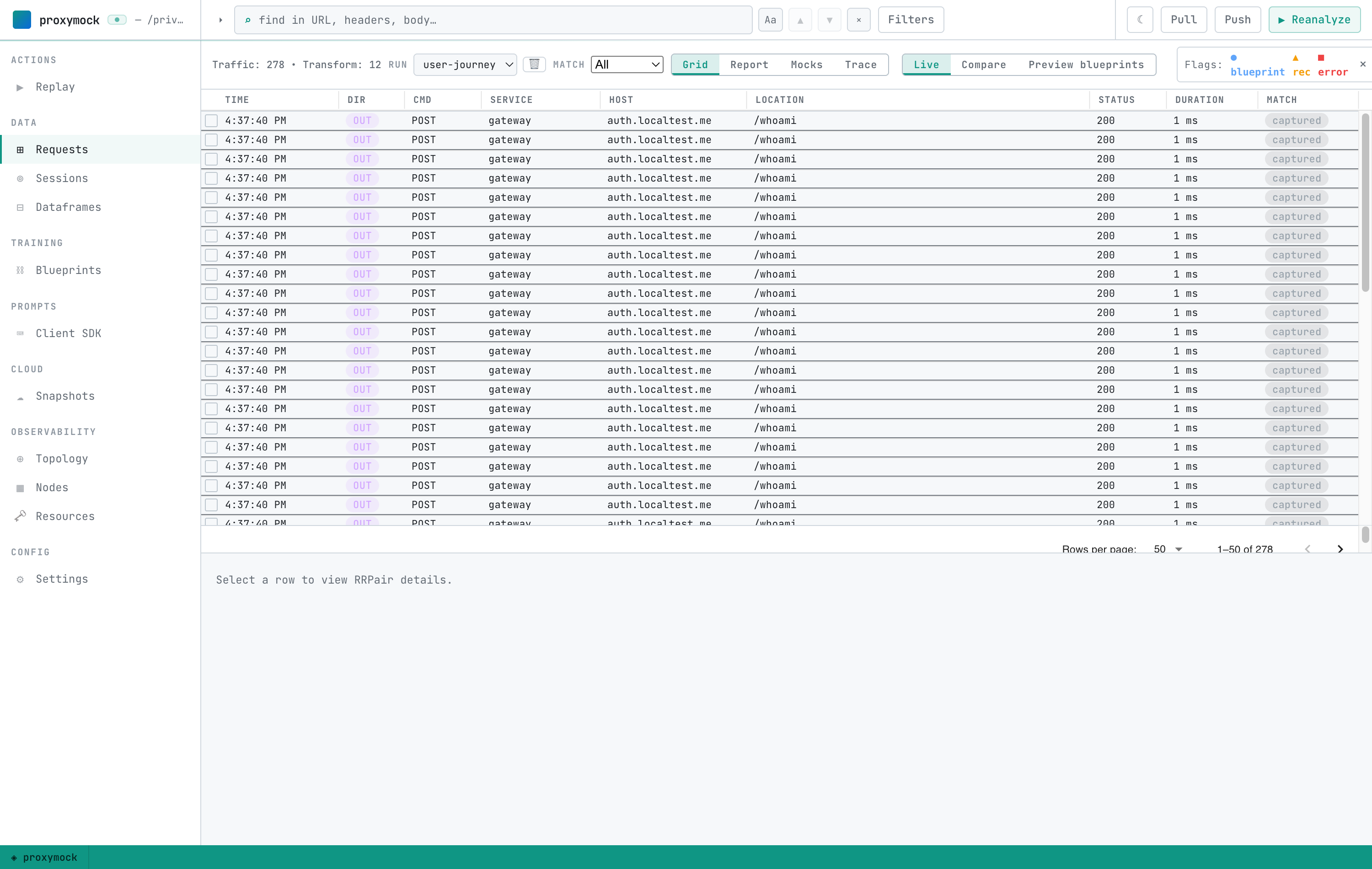 The proxymock web Requests grid showing 278 recorded requests from all customers across the gateway, auth, orders, and shipping services