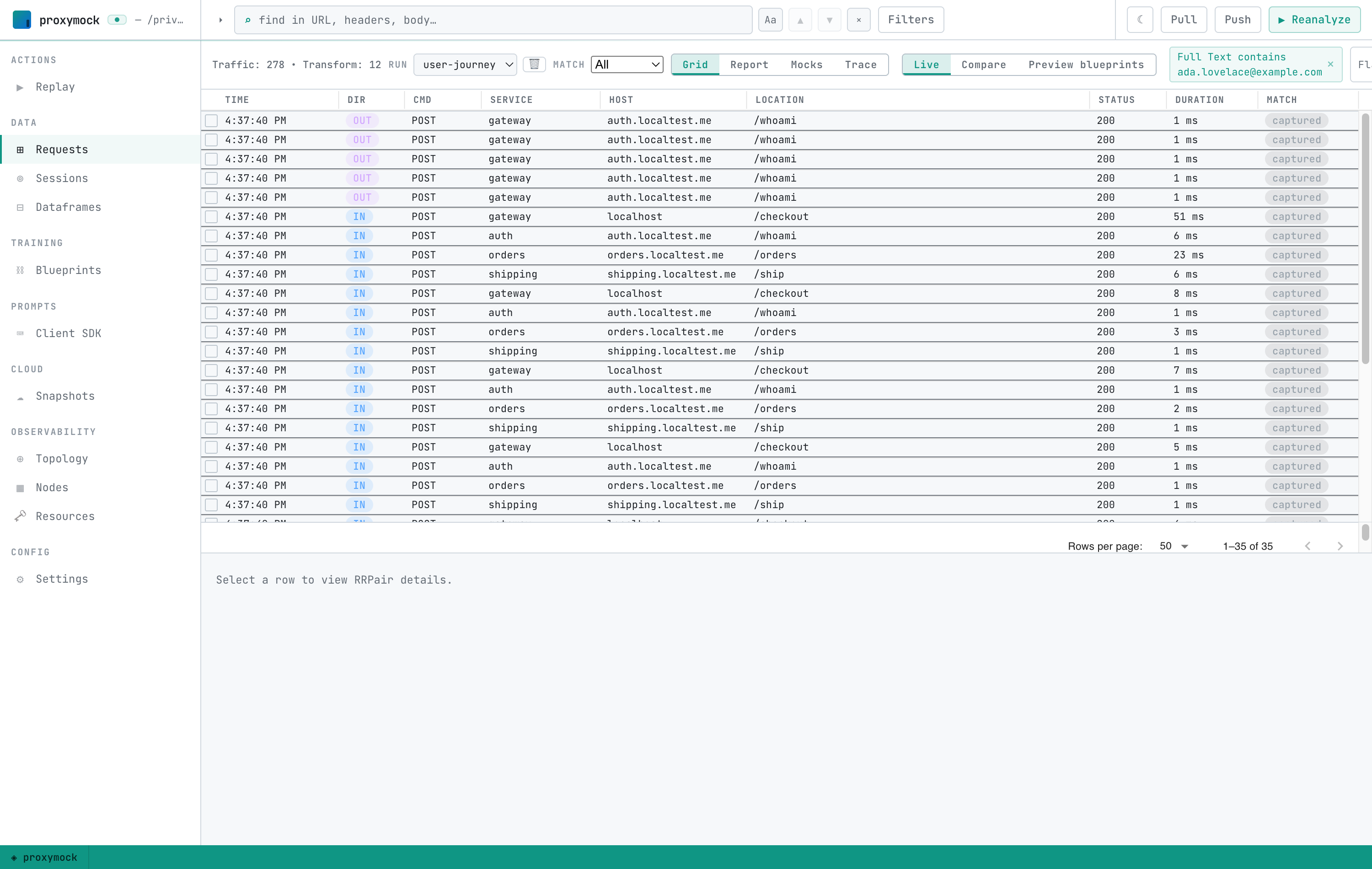The Requests grid filtered to 35 rows, all belonging to ada.lovelace@example.com, spanning the gateway, auth, orders, and shipping services