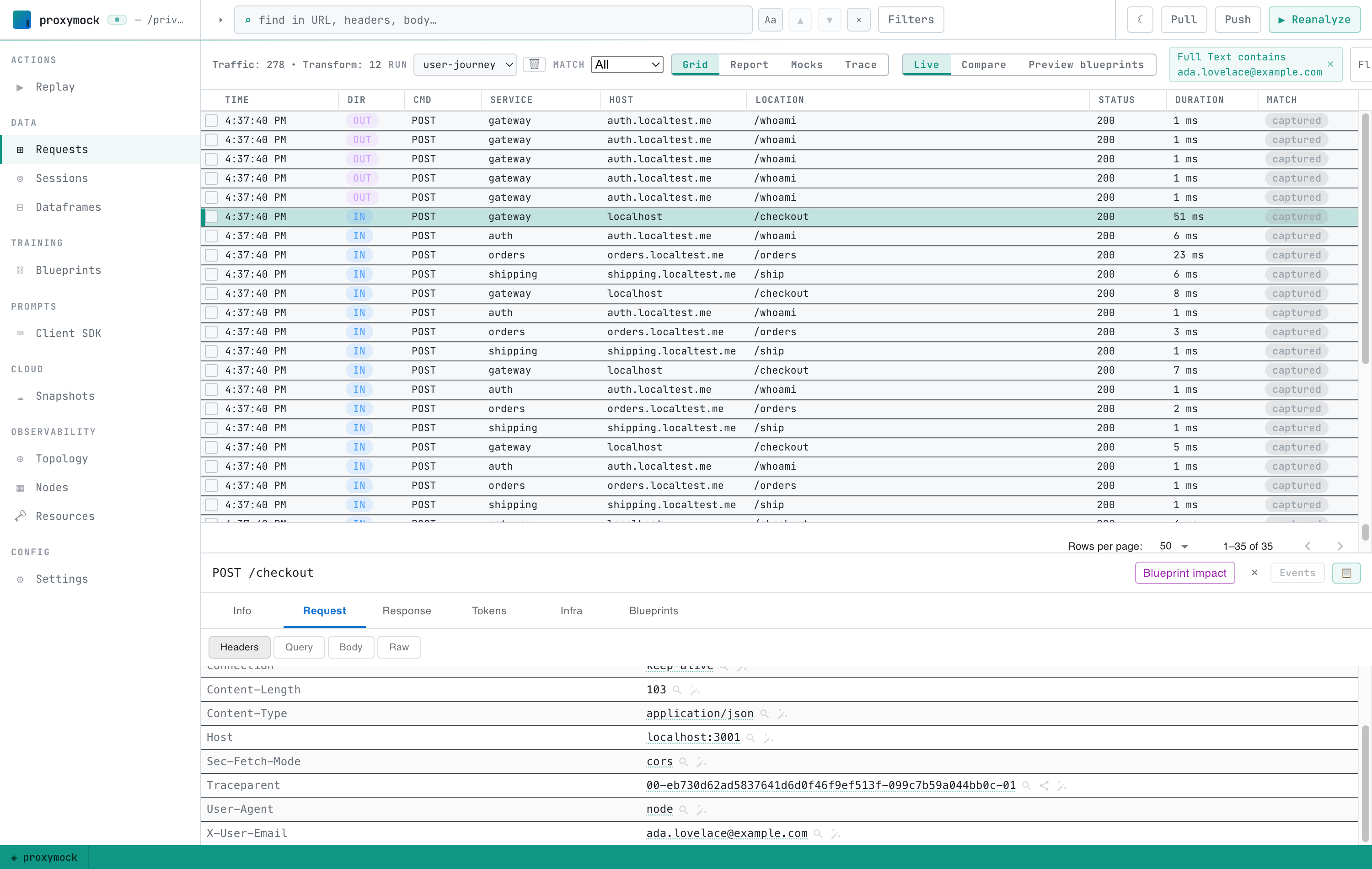 The Request Headers tab showing the X-User-Email header set to ada.lovelace@example.com alongside a traceparent header