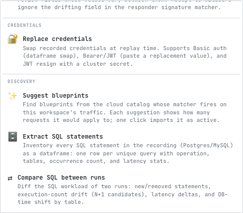 The Automations menu open on the Requests tab, showing the Discovery group with Extract SQL statements and Compare SQL between runs
