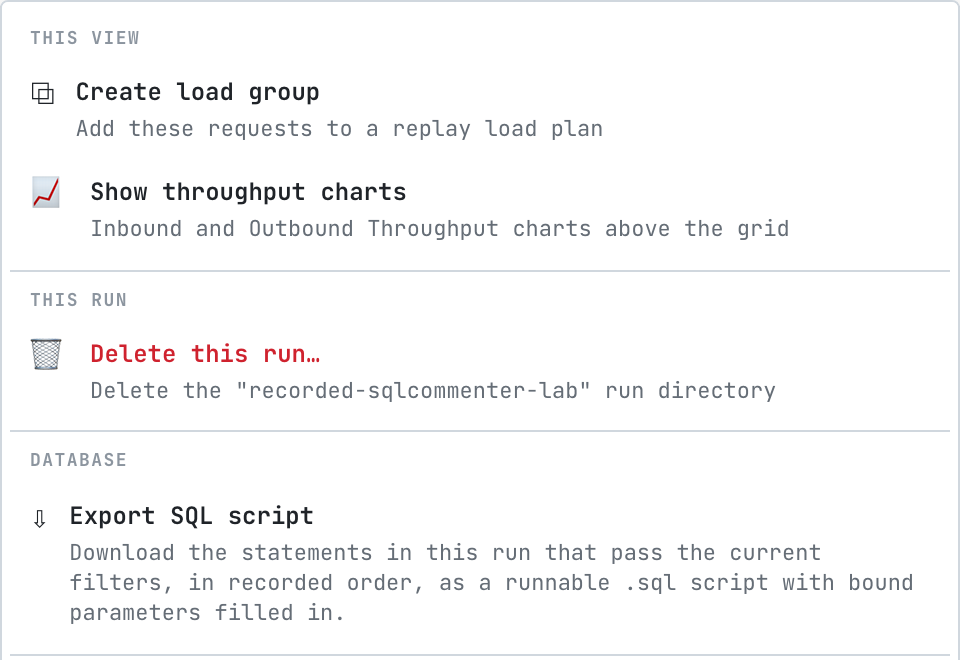 The Actions menu in proxymock web's Requests view, with Export SQL script under Database: download the statements in this run that pass the current filters, in recorded order, as a runnable .sql script with bound parameters filled in