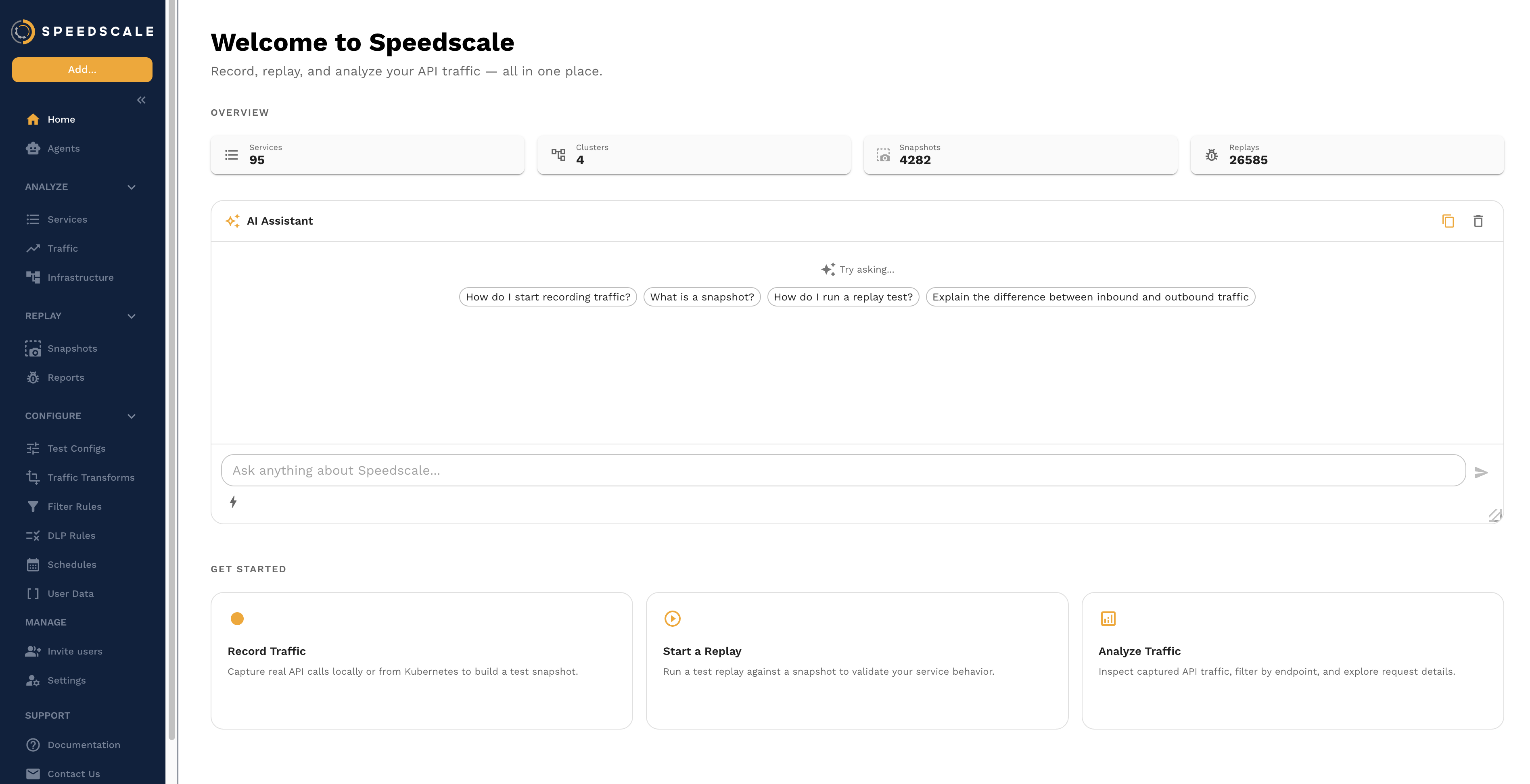 Speedscale home screen with AI assistant