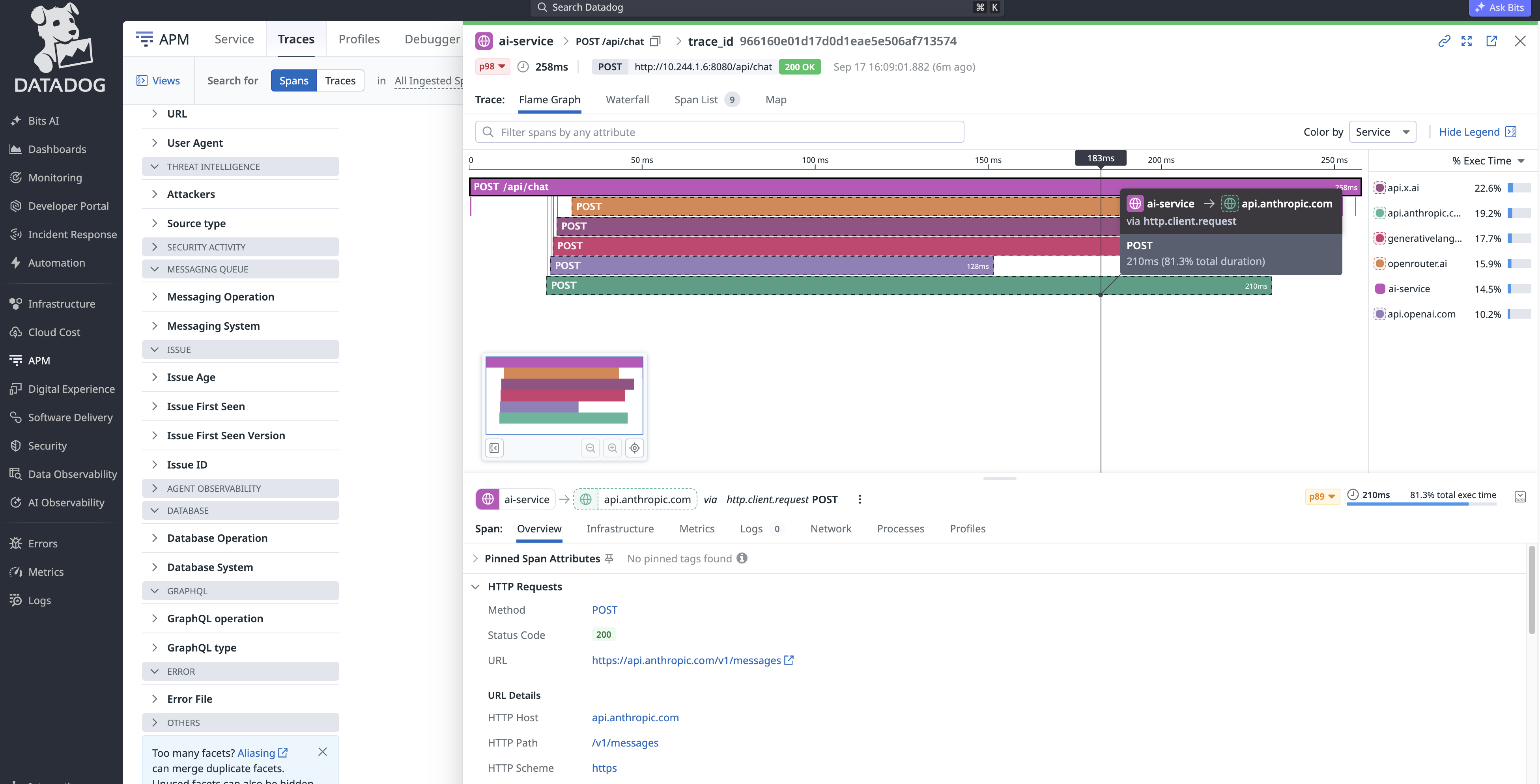 Datadog APM showing a live ai-service trace
