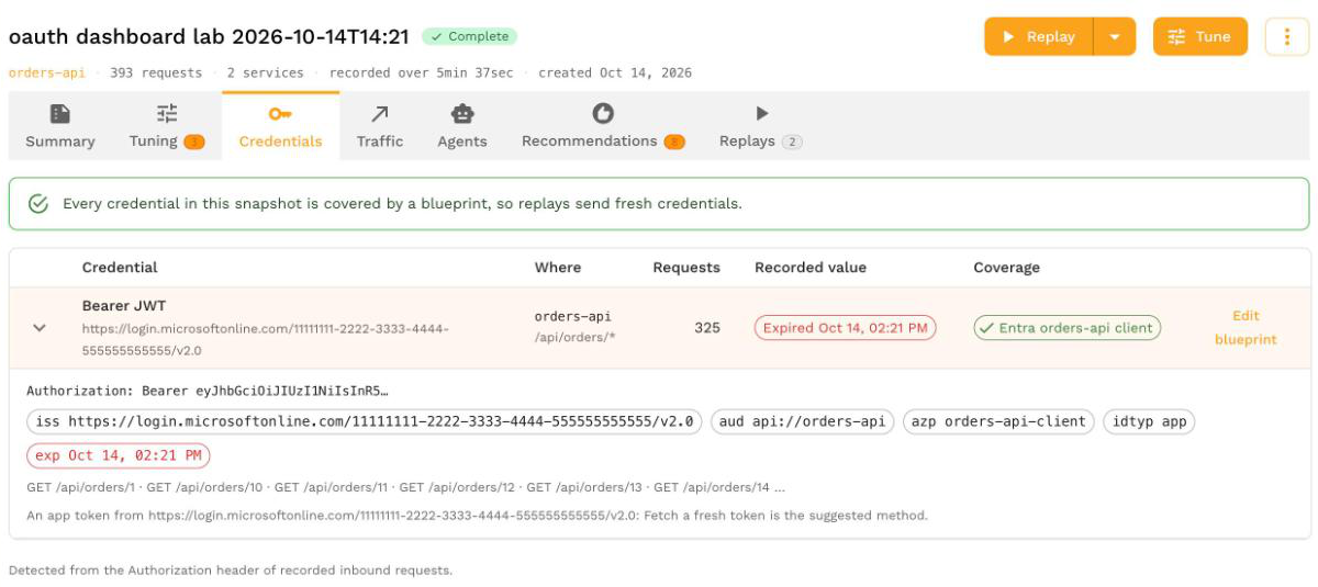 The Credentials tab of a snapshot, showing an expired Bearer JWT from Microsoft Entra ID covered by a blueprint