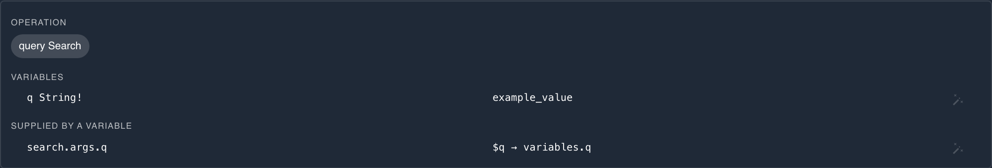 The GraphQL panel in proxymock web on the generated search test: the operation query Search, the variable q String! with the value example_value, and search.args.q supplied by $q from variables.q.