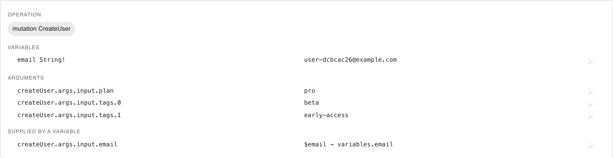 The GraphQL panel in proxymock web on a CreateUser mutation recorded from the graphql-demo app: the Operation group shows a mutation CreateUser chip, Variables lists email String! with its value, Arguments lists createUser.args.input.plan as pro and createUser.args.input.tags.0 and .1 as beta and early-access, and Supplied by a variable lists createUser.args.input.email as $email pointing at variables.email. Each value row has a transform button.