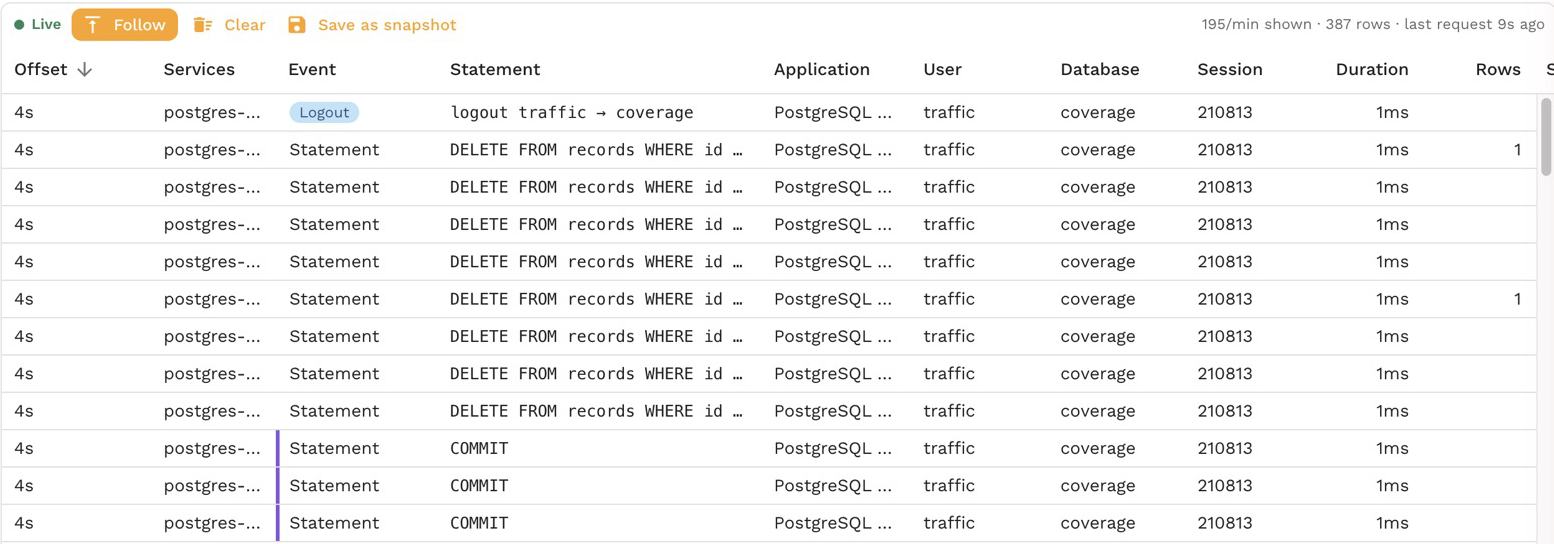 The live bar above the database grid: Live, Follow, Clear and Save as snapshot, and 195/min shown, 387 rows, last request 9s ago, over rows of logout, DELETE, COMMIT and INSERT statements on session 210813, with a purple bar on the COMMIT rows
