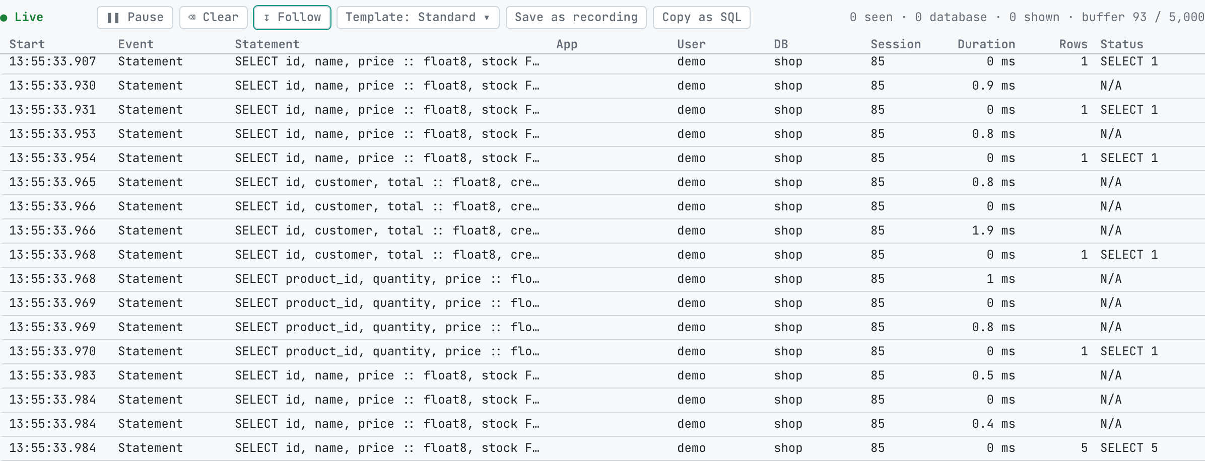 The Live SQL lens in proxymock web on the mock-lab sqlcommenter recording: Pause, Clear, Follow, the Template menu, Save as recording and Copy as SQL above a grid of Postgres statements with their start time, event, statement, user, database, session, duration, rows and status. The seen and shown counters read 0 because they count calls that arrive after the lens opens, and this recording was opened after it was made.