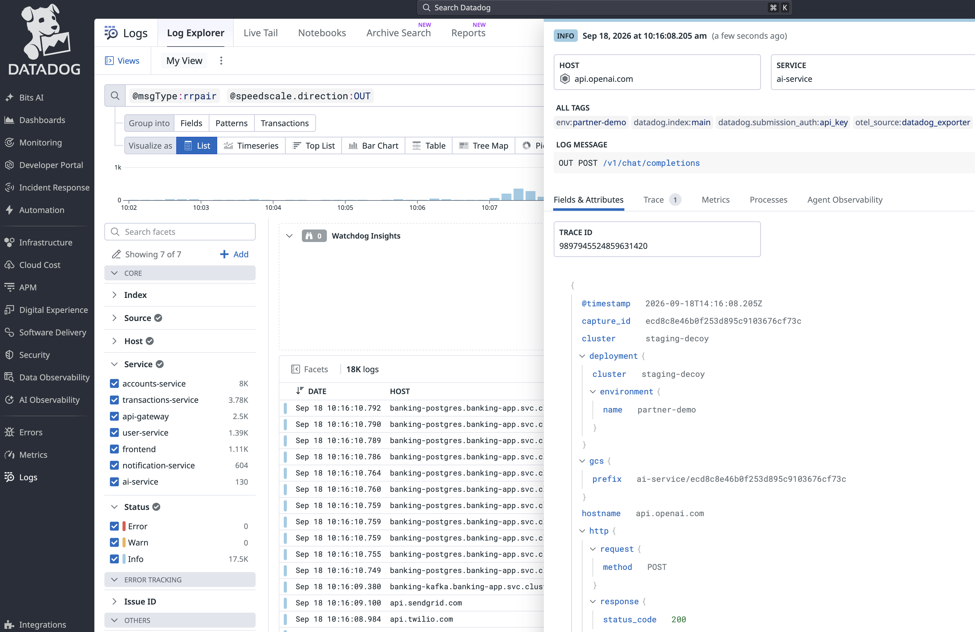 Datadog Logs Explorer showing outbound Speedscale traffic and the remote hostname