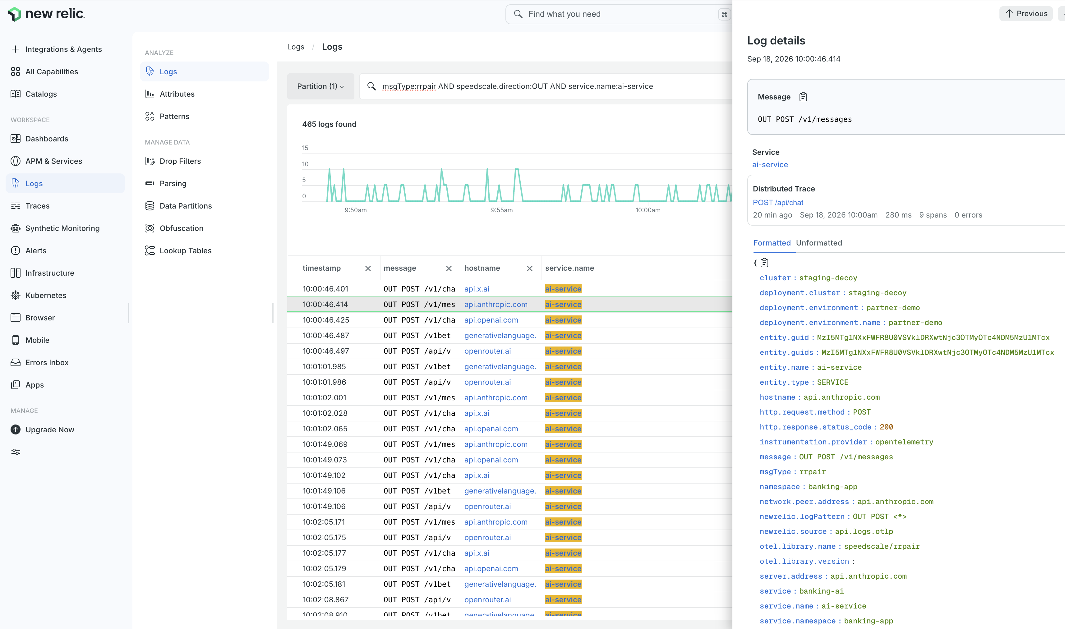 New Relic Logs showing outbound LLM traffic with source services and remote hostnames