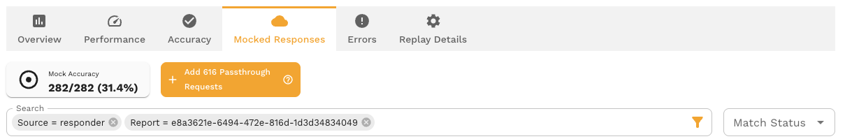 Report Overview with Mock Accuracy metric card, clicking through to Mocked Responses tab