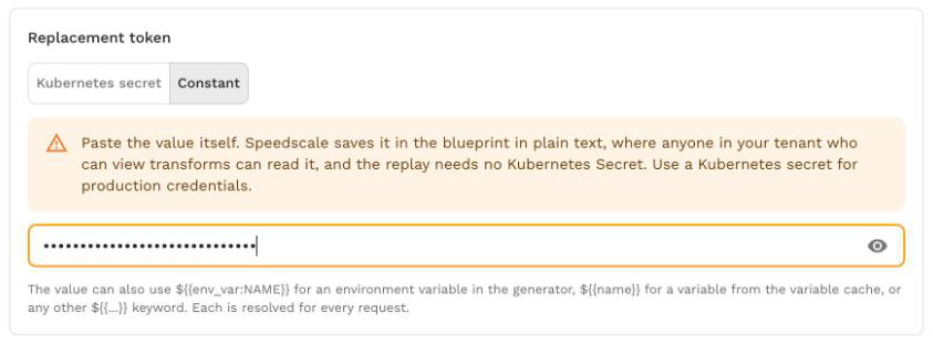 A replacement token saved as a constant, with the note about embedded keywords
