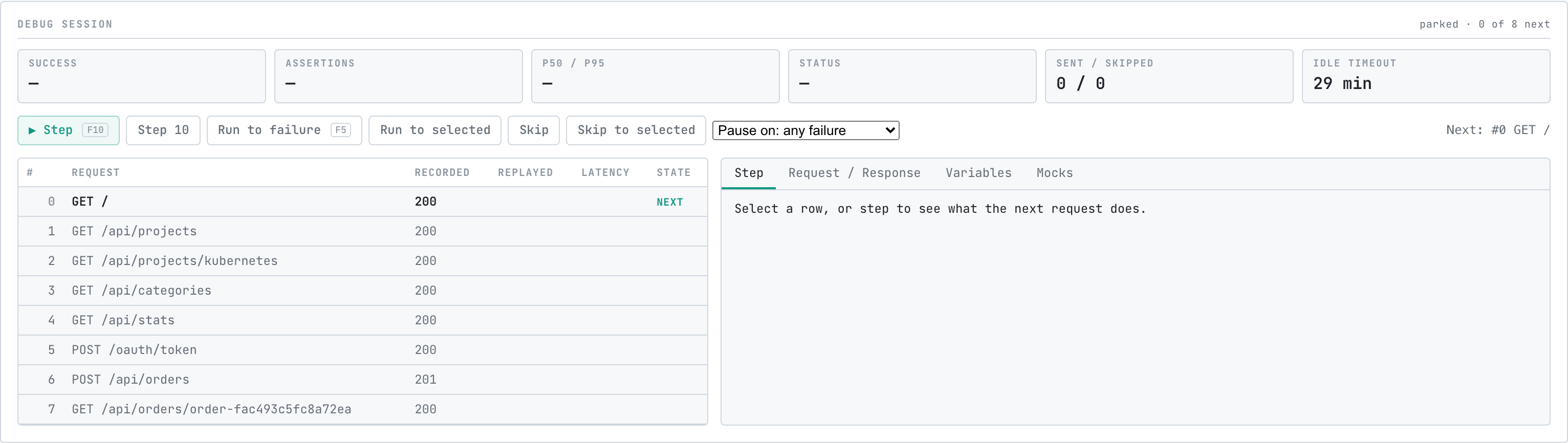 The Debug sub-tab parked before request 0 of 8, with the KPI strip empty and GET / marked next