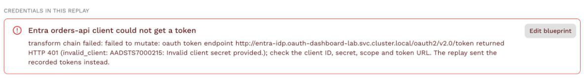 A replay report's Credentials in this replay card after a token request was rejected with invalid_client