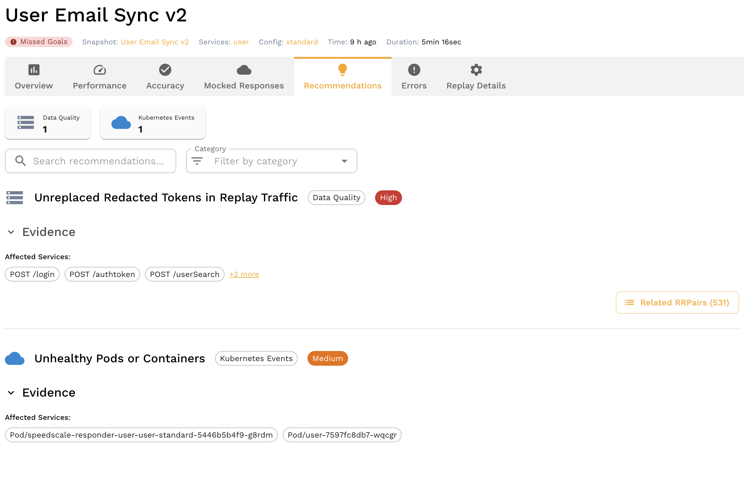 Recommendations panel in a replay report