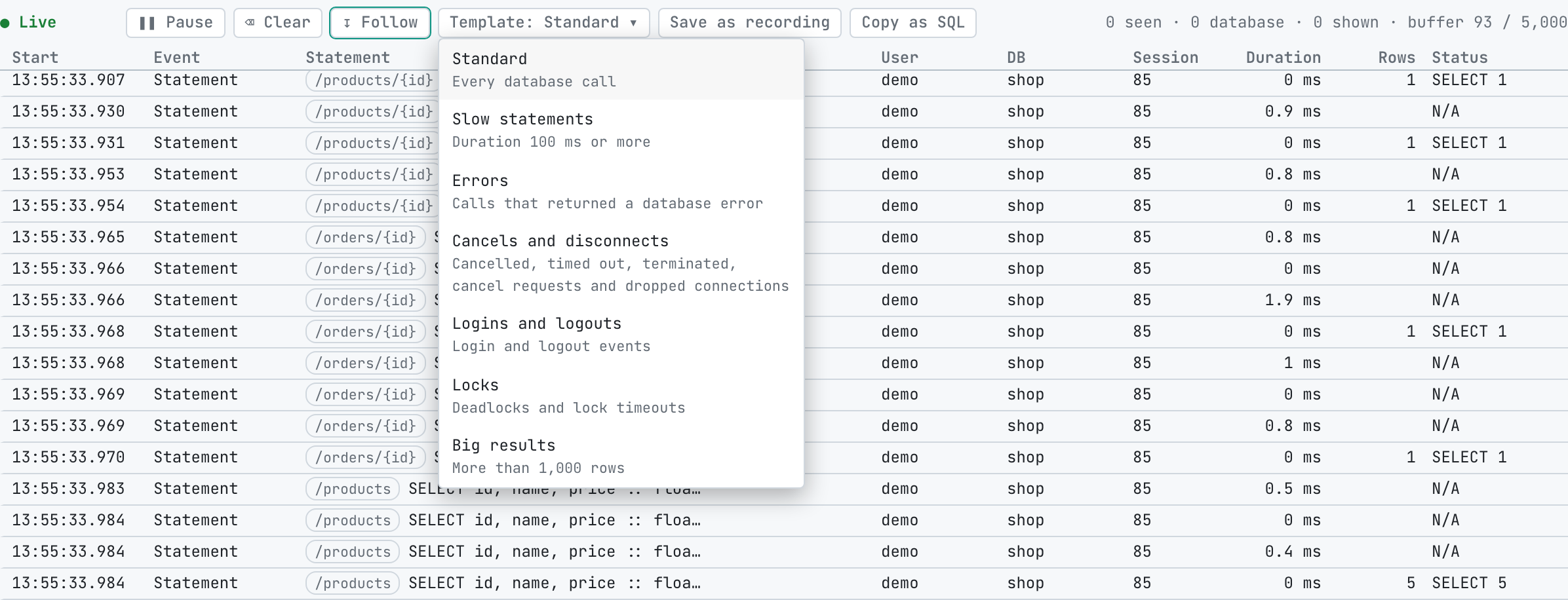 The Live SQL lens with its Template menu open, listing Standard, Slow statements, Errors, Cancels and disconnects, Logins and logouts, Locks and Big results over rows of Postgres statements with their route, user, database, session, duration, rows and status