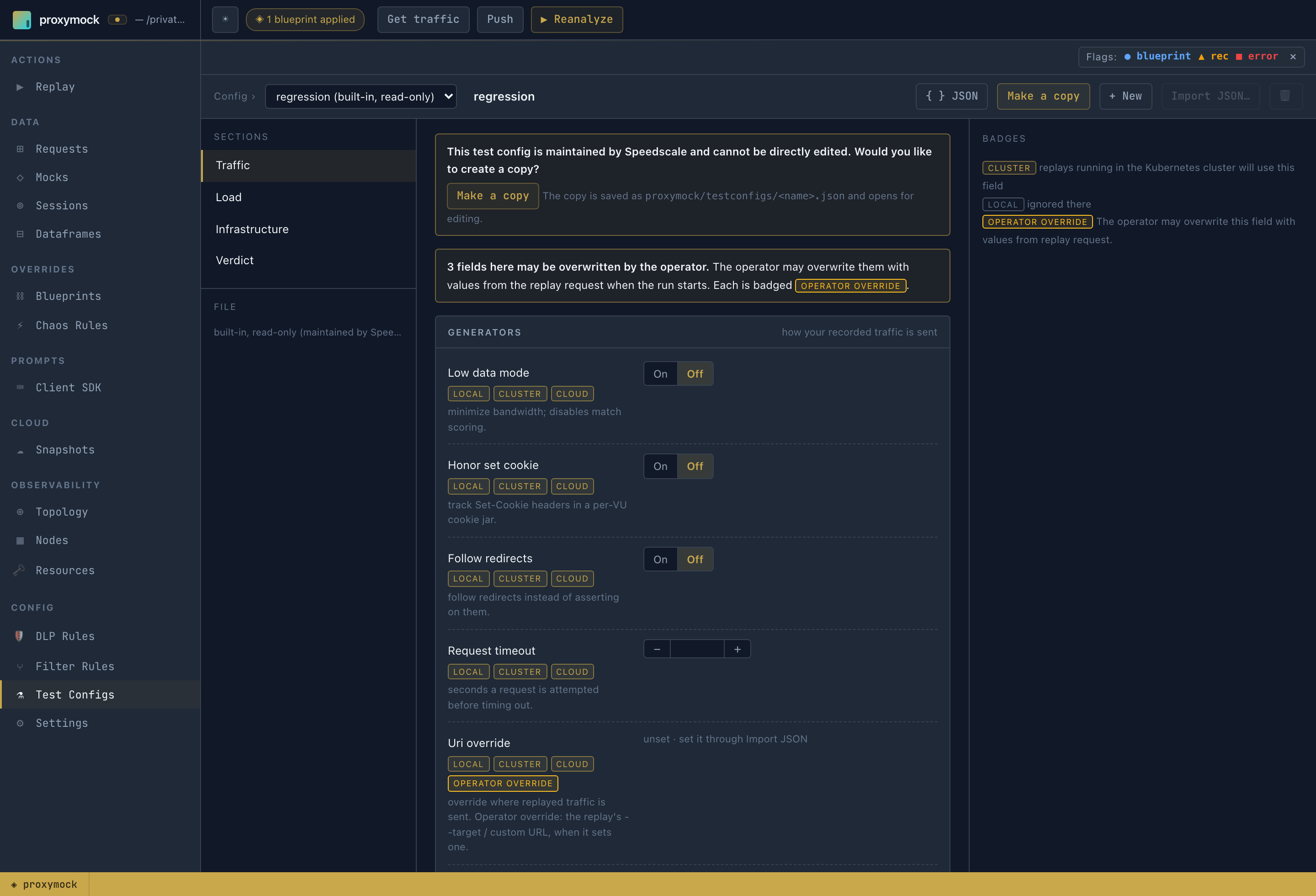 The built-in regression config in the test config editor, with the Make a copy prompt