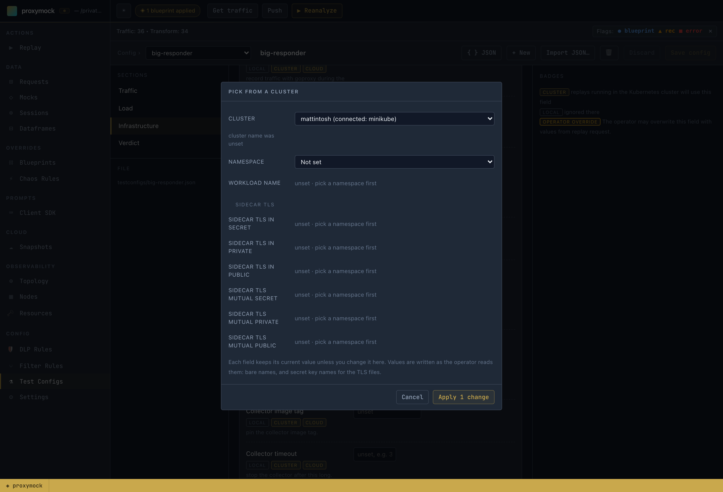 The Pick from a cluster dialog, listing the connected minikube cluster