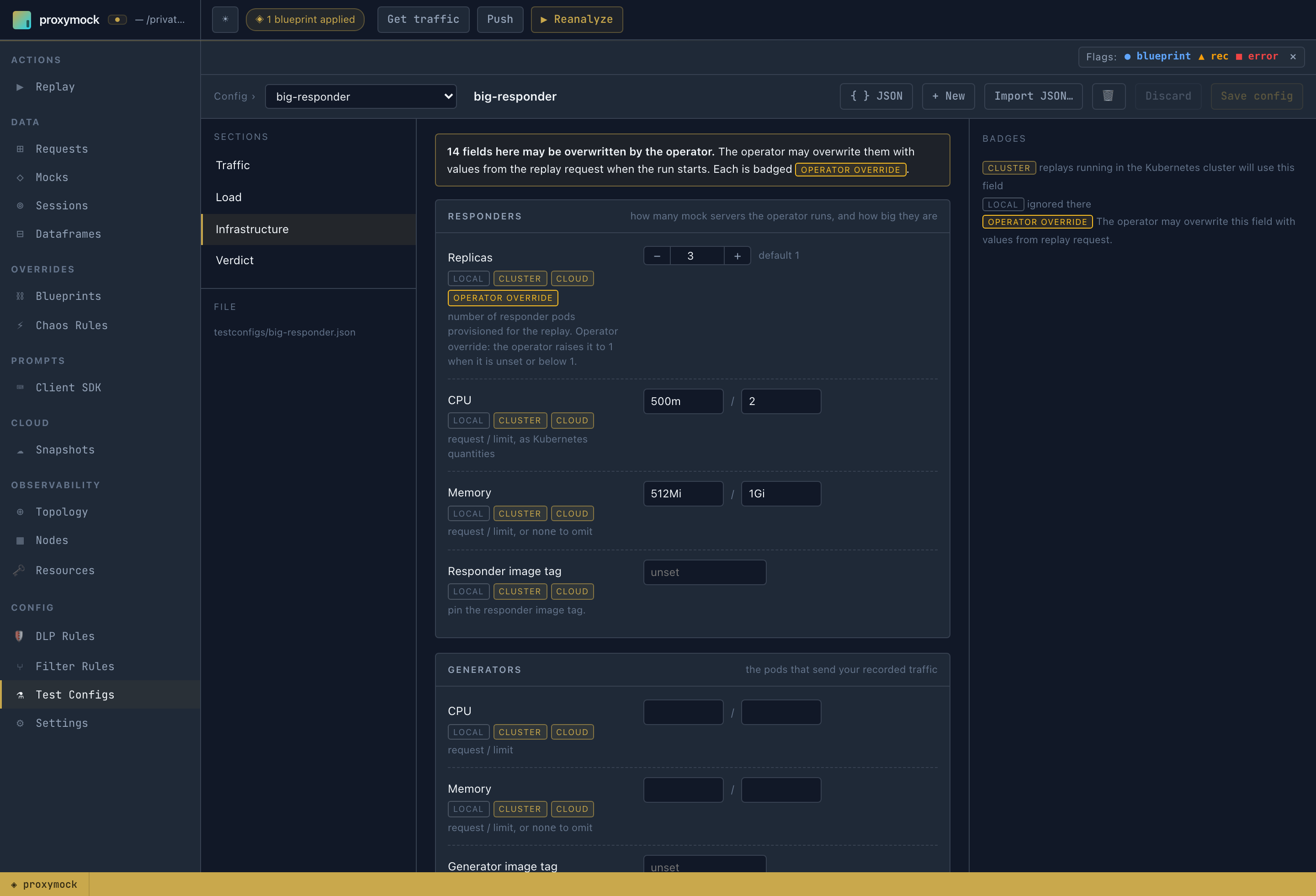 The Infrastructure section of the big-responder config with 3 replicas and responder resources set