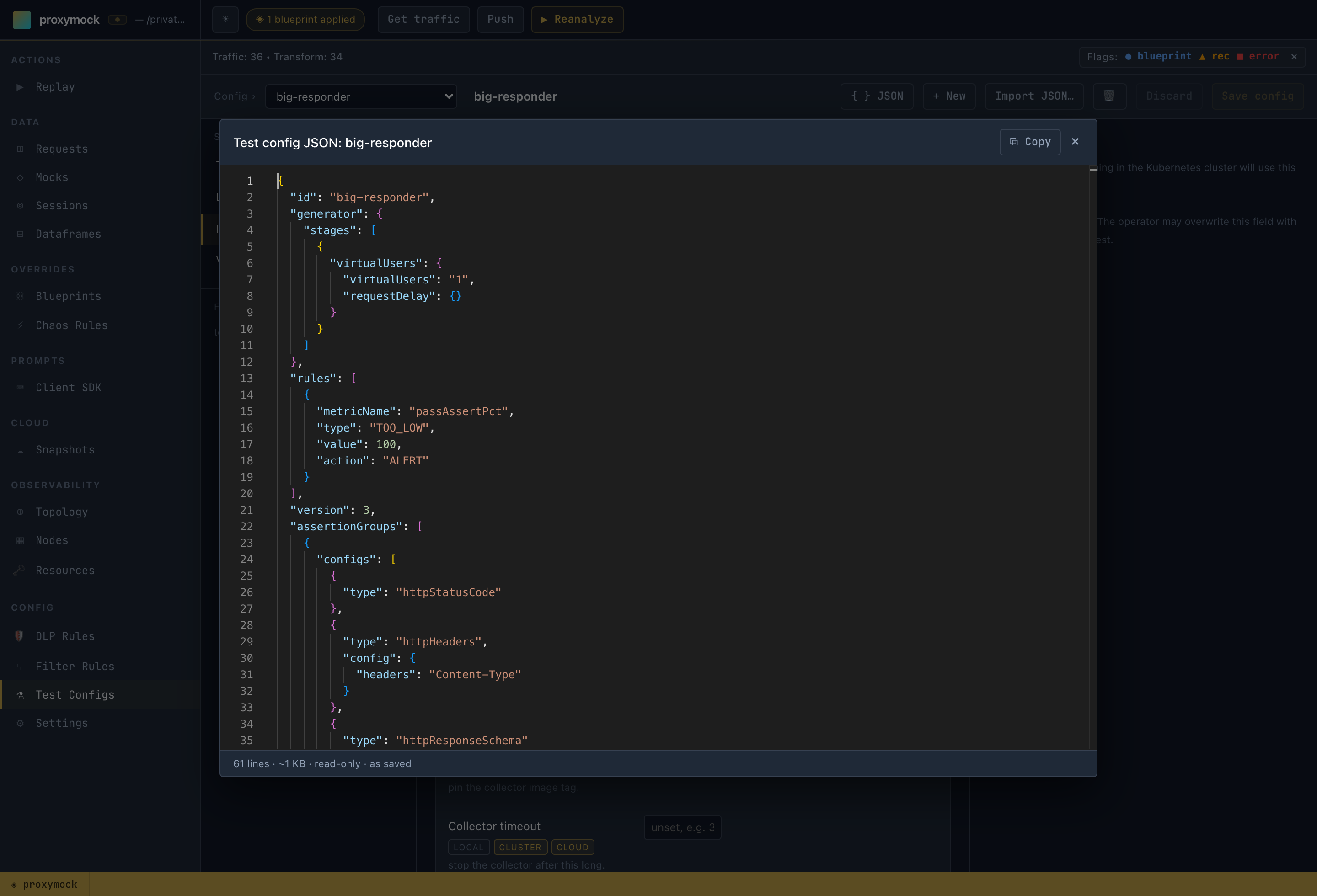 The JSON view of a workspace test config