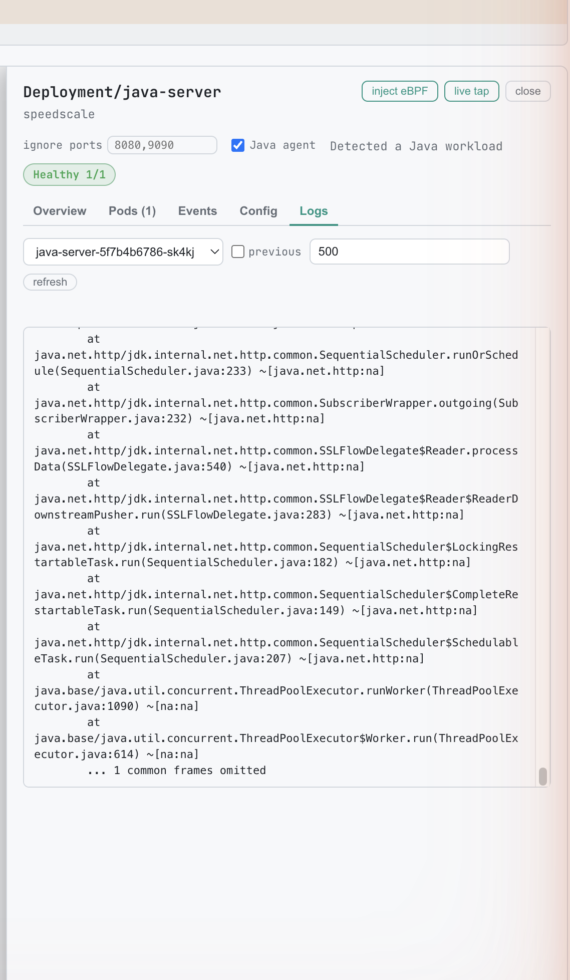 The drawer's Logs tab with the pod selector, the Previous toggle, and a bounded tail of pod log output