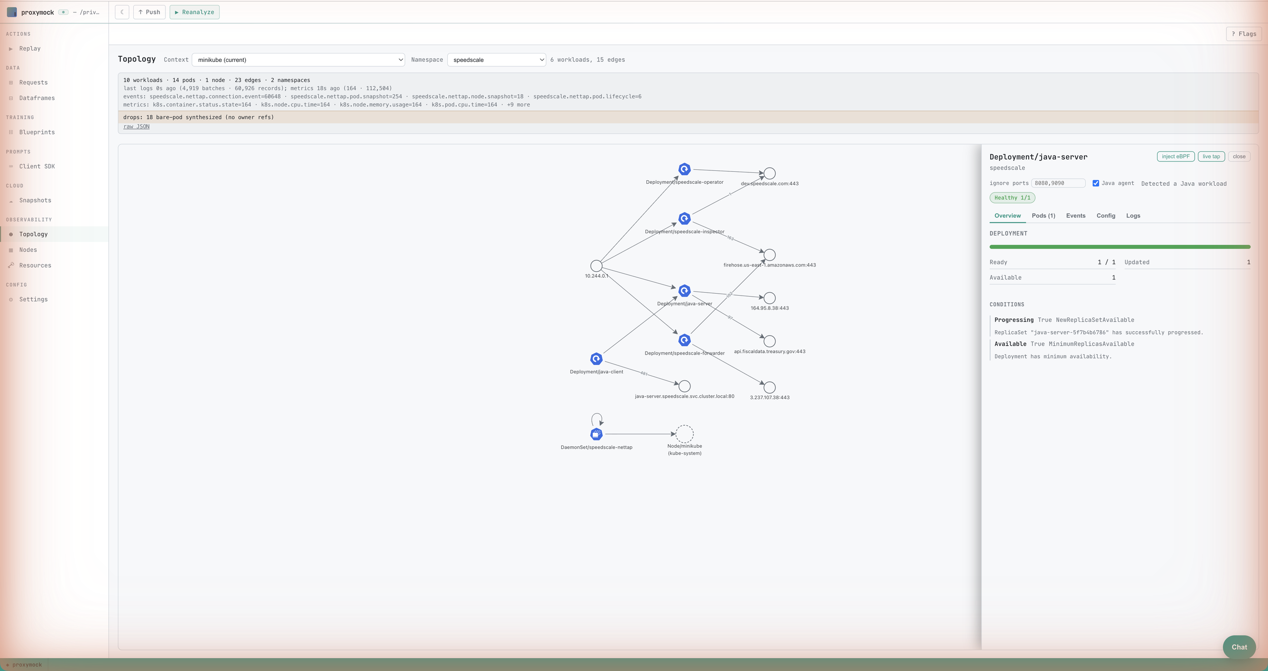 A Deployment selected in the Topology graph with the detail drawer open on the Overview tab, showing a Healthy 1/1 badge, rollout status, and conditions