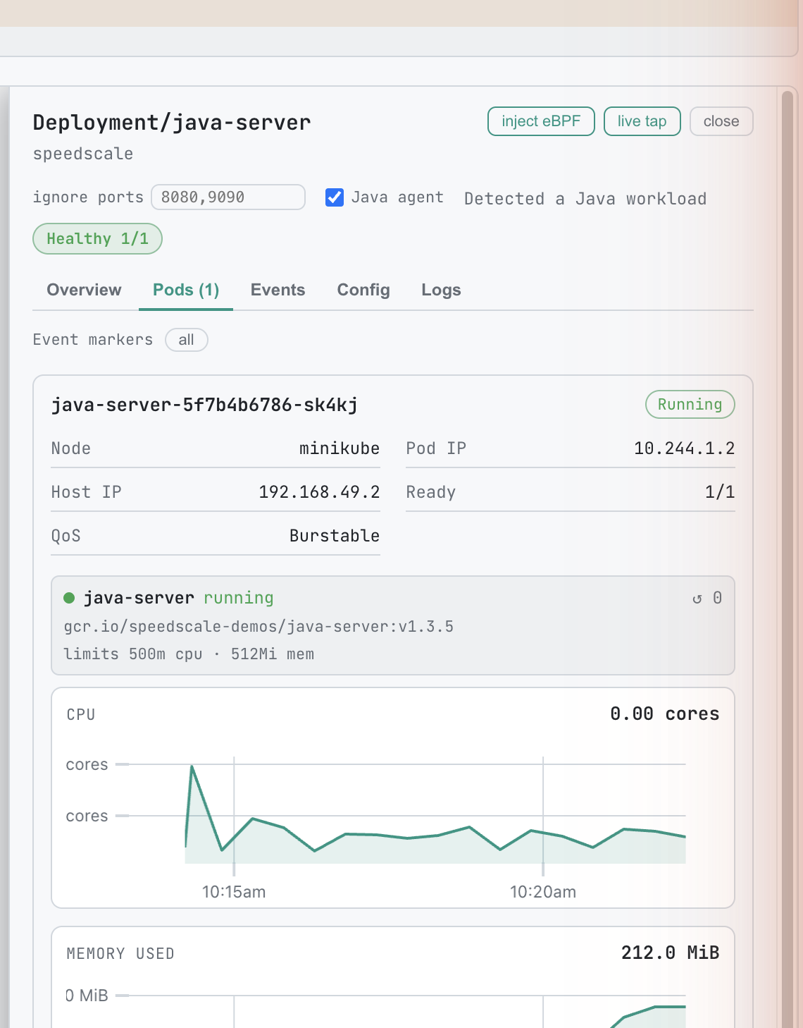 The Event markers toggle (set to 'all') above a pod's live CPU and memory charts in the drawer; dashed markers are drawn on the charts at Kubernetes event times