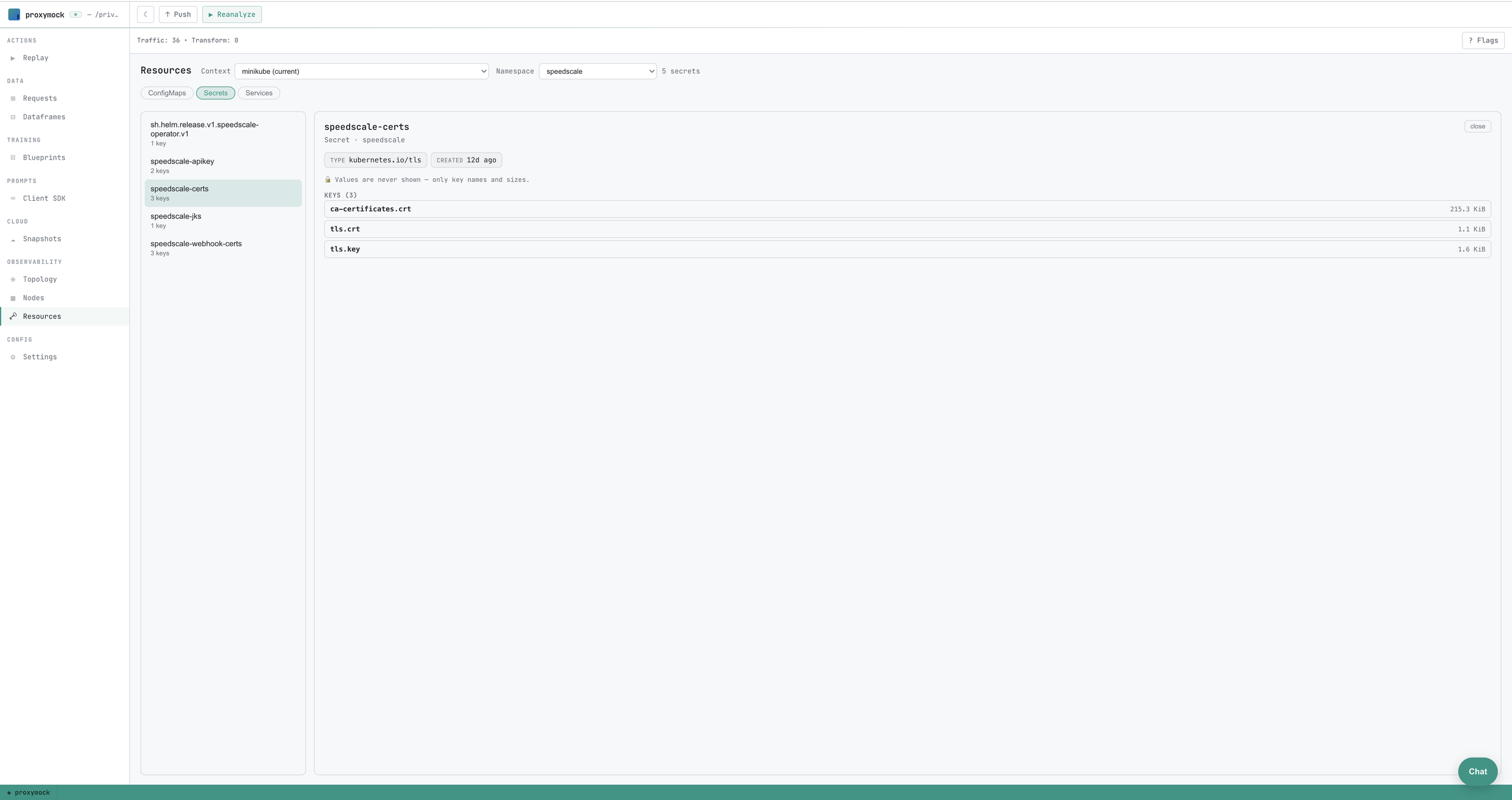 The Resources tab with a namespace selected, the ConfigMaps / Secrets / Services switcher, the resource list on the left, and the selected item's detail on the right
