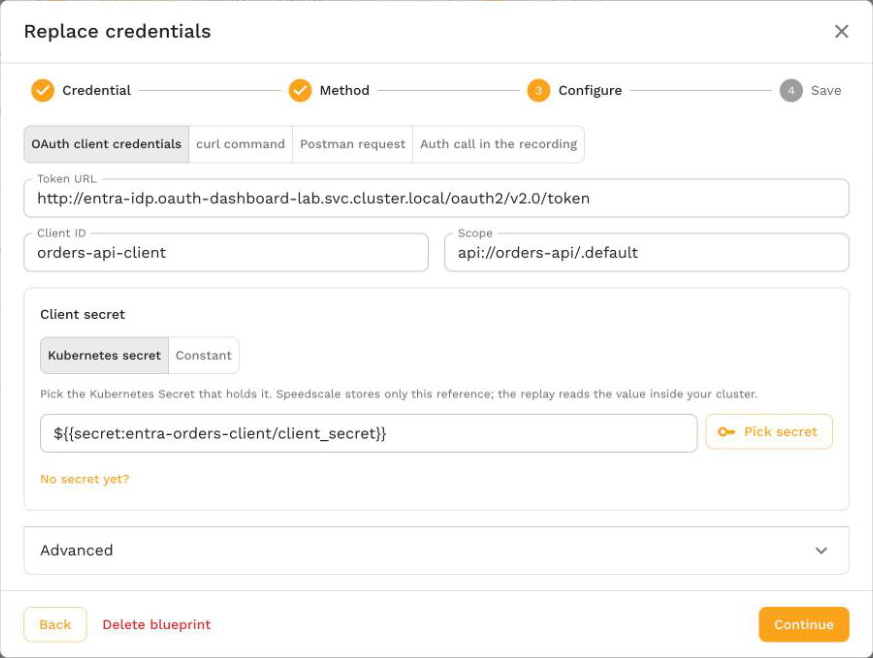 The Replace credentials wizard configuring OAuth client credentials, which builds a token_fetch chain