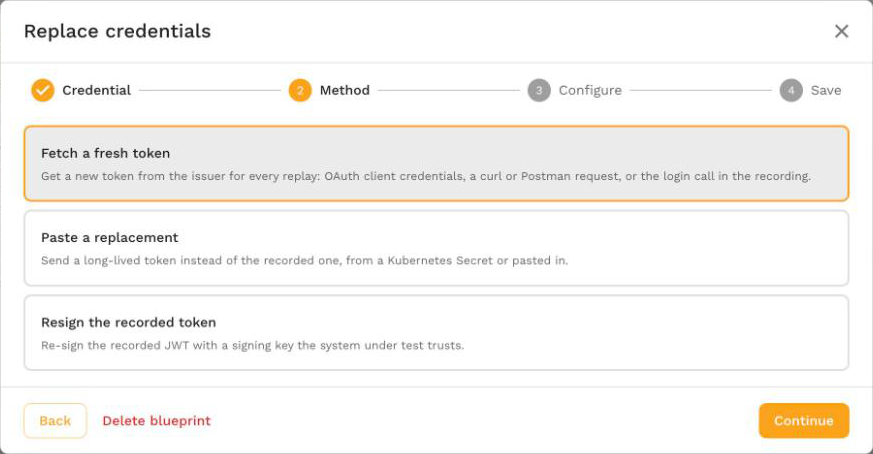 The Method step for a Bearer JWT: Fetch a fresh token, Paste a replacement and Resign the recorded token